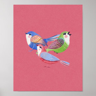 Poster Rouge Bleu Vert Oiseaux Art populaire Mur Art