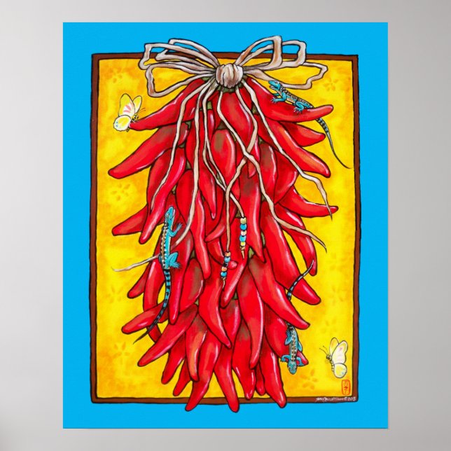 Poster Rouge clair Chili jaune Chili poivre Ristra Lizard (Devant)