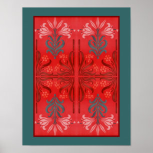 Poster Rouge Et Vert Lily Floral Stencil Art Abstrait