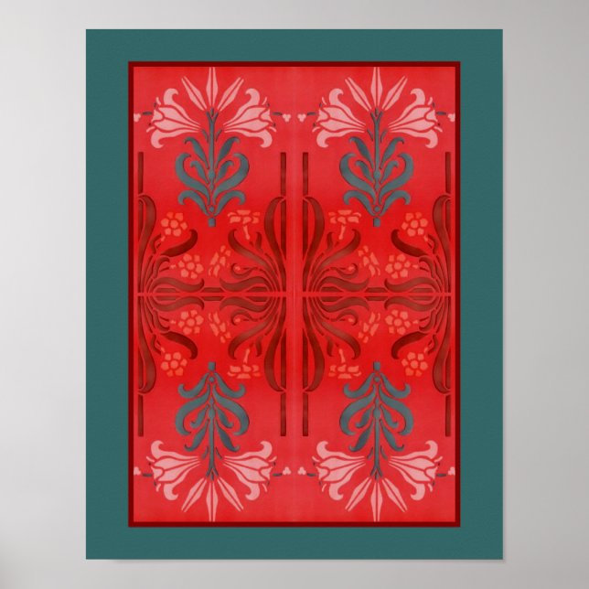 Poster Rouge Et Vert Lily Floral Stencil Art Abstrait (Devant)