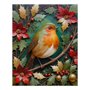 Poster Rouge-gorge parmi le houx et les poinsettias