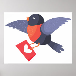 Poster Rouge-Gorge Volant avec Lettre d'Amour au Cœur Rou