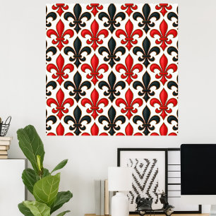 Poster Rouge noir baroque Fleur de lis Motif Design