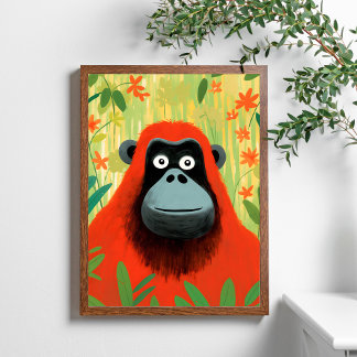Poster Rouge Orangoutan Jungle Scène Enfants Art