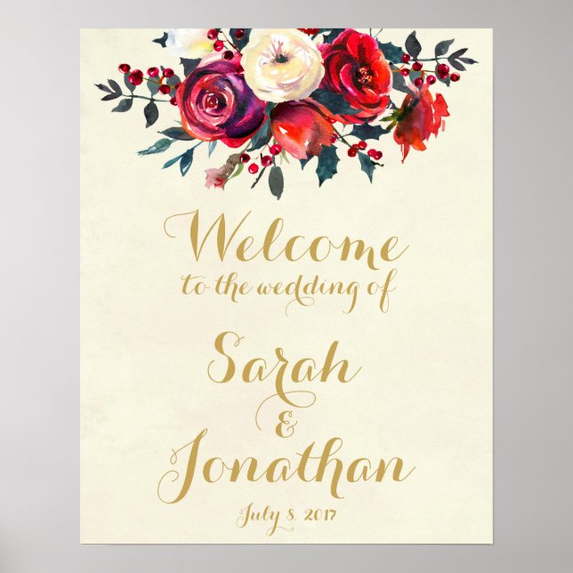 Poster Rouge roses baies mariage d'hiver signe d'accueil (Devant)