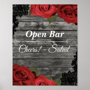 Poster Rouge Roses Russe Black Lace Mariage Open Bar Sign