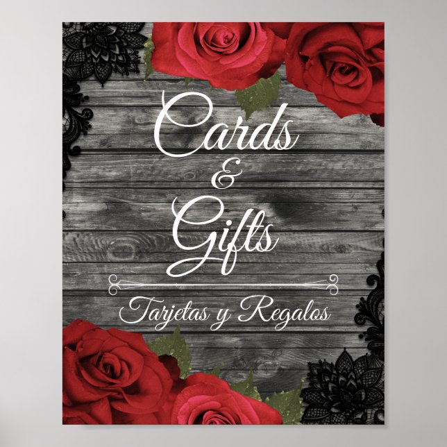 Poster Rouge Roses Rustique noir dentelle Cartes de maria (Devant)