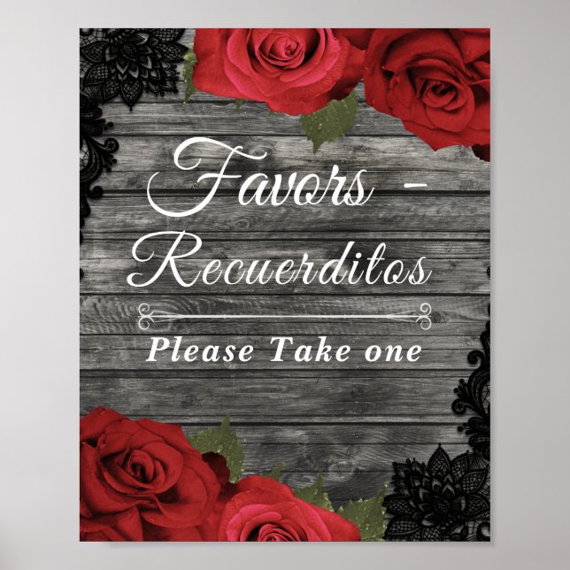 Poster Rouge Roses Rustique Noir Dentelle Mariage Faveur  (Devant)