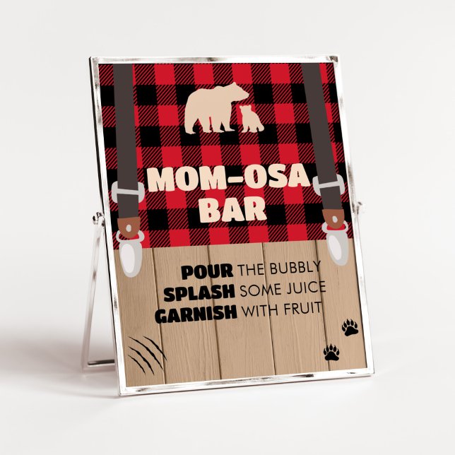 Poster Rouge Russe Plaid Lumberjack Maman Osa Bar (Plaid Lumberjack Baby Shower Mom Osa Bar Sign)