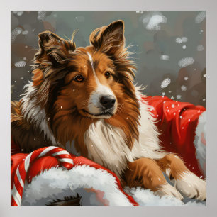 Poster Rough Collie Chien Festif de Noël