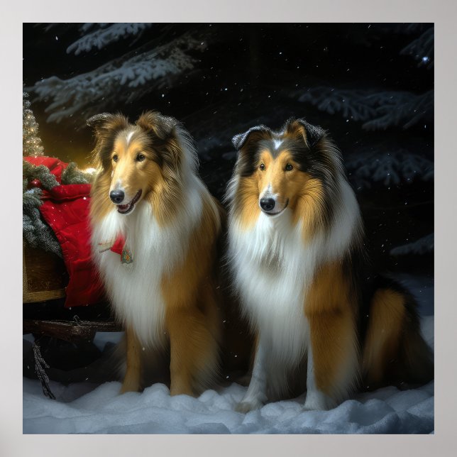 Poster Rough Collie Snowy Sleigh Décor de Noël (Devant)
