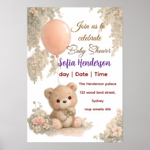 Poster rougir brun aquarelle rose marron ours en peluche