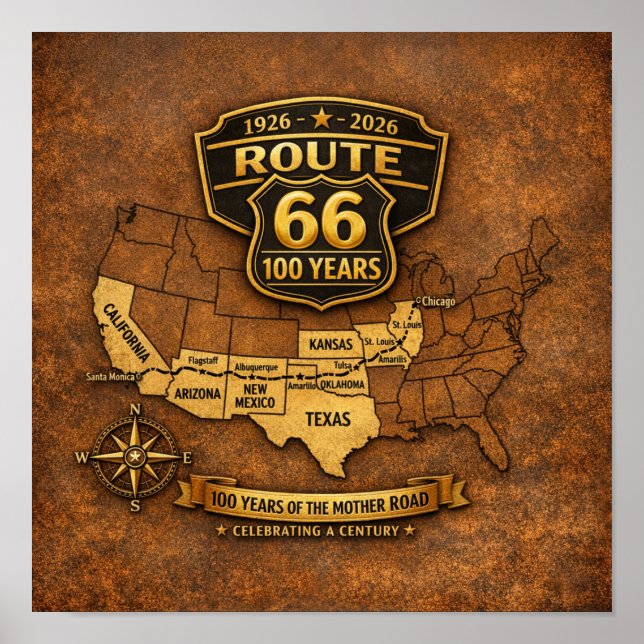 Poster Route 66 Centennial Vintage Map Design (Devant)