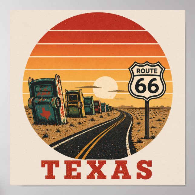 Poster Route 66 Texas Cadillac Désert Coucher de soleil (Devant)