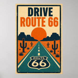 Poster Route 66 Vintage Americana Désert Autoroute