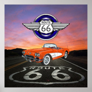 Poster Route 66 - Vintage - Voiture classique - SRF