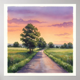 Poster Route de campagne au coucher du soleil -Rustic Cam