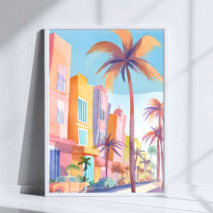 Poster Route de Miami Rue Colorée Aquarelle