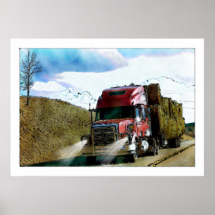 Poster Route rouge de camion de foin conduisant