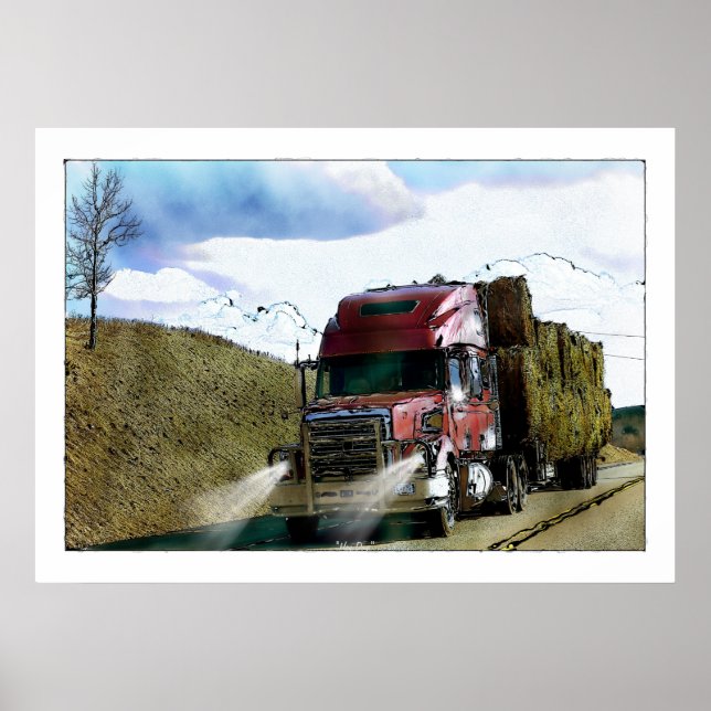 Poster Route rouge de camion de foin conduisant (Devant)