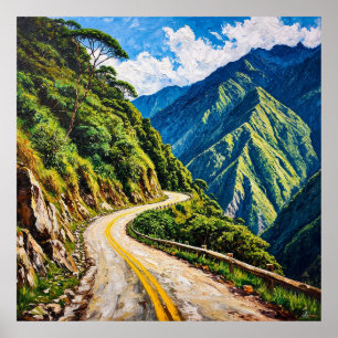 Poster Route sinueuse entourée de montagnes verdoyantes