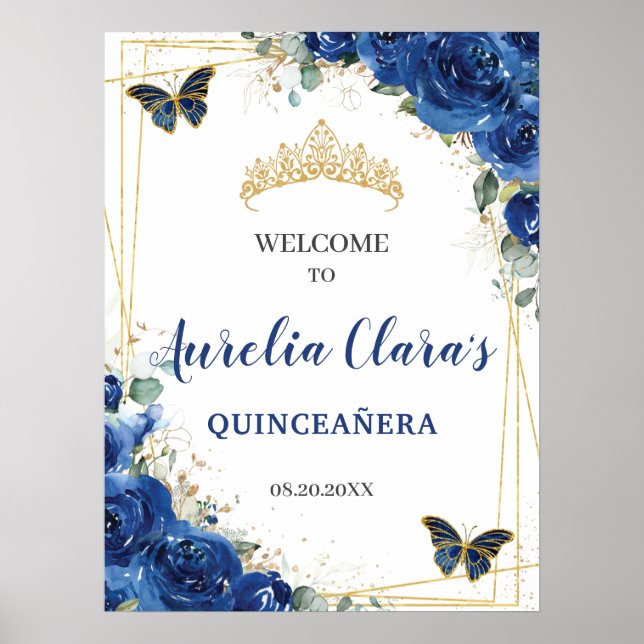 Poster Royal Blue Floral Papillons Quinceanera Bienvenue (Devant)