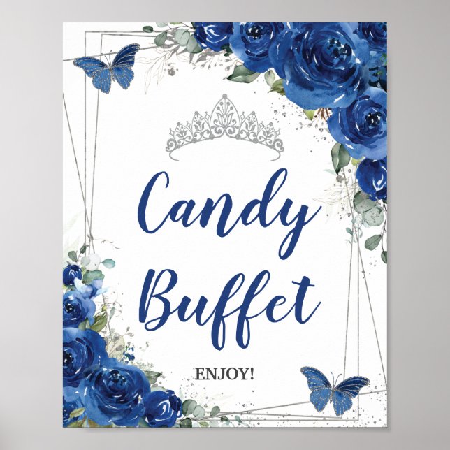 Poster Royal Blue Floral Roses Quinceañera Candy Buffet (Devant)