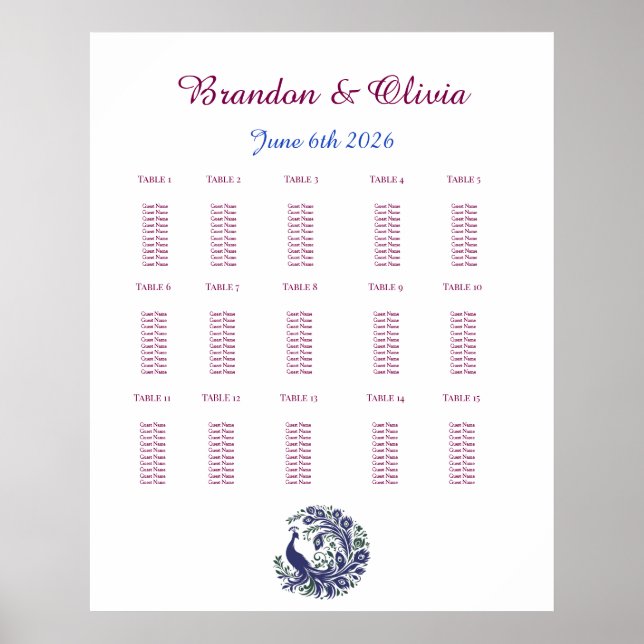 Poster Royal Blue Peacock Wedding Seating Chart (Devant)