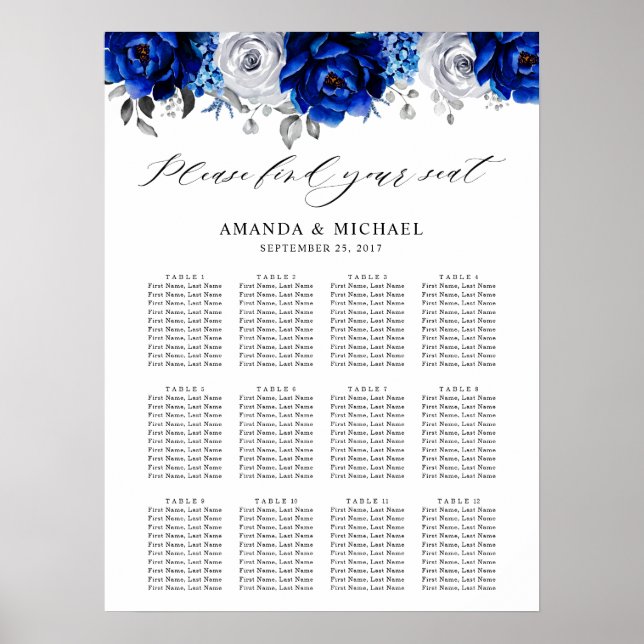 Poster Royal Blue White Silver Floral Graphique de siège (Devant)