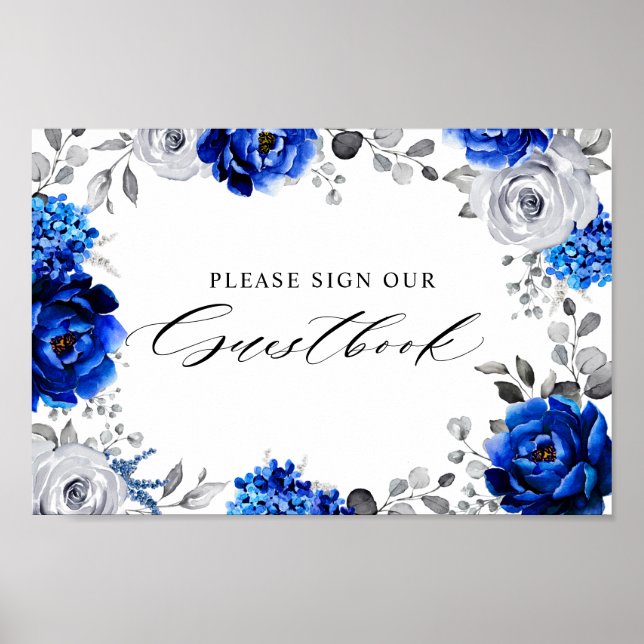 Poster Royal Blue White Silver Floral Signer notre livre  (Devant)