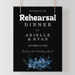 Poster Royal Navy Bleu Floral Réception de Mariage Bienve