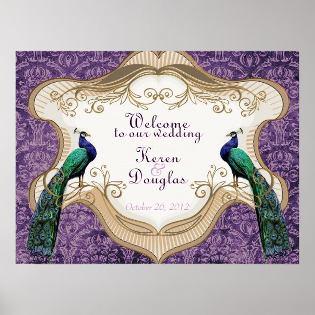Poster Royal Peacock Purple Mariage/Anniversaire (Devant)