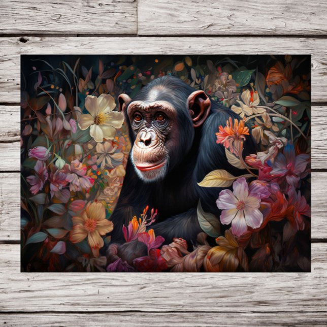 Poster Royaume floral : Un chimpanzé au milieu d'un jardi (Créateur téléchargé)