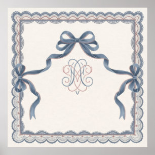 Poster Ruban poussiéreux bleu noeud dentelle ornement aff