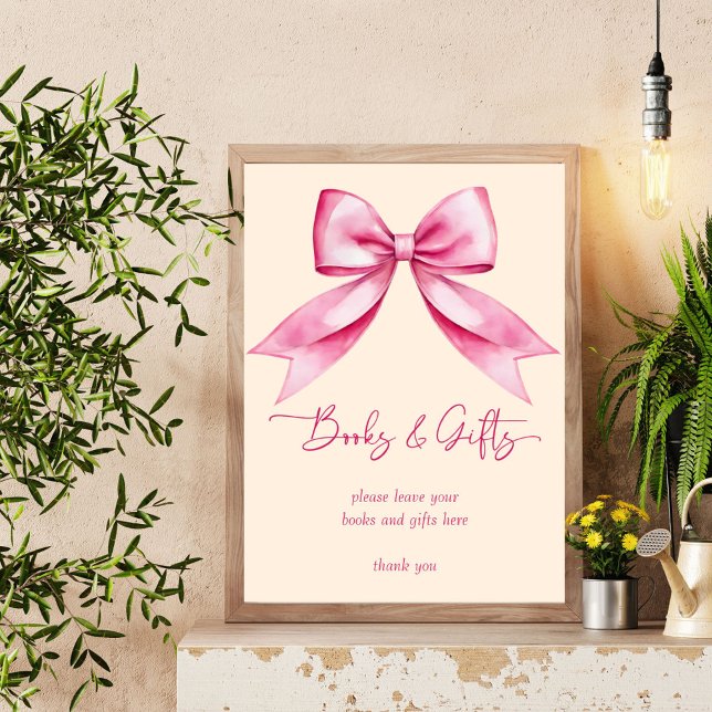 Poster Ruban rose baby shower livres cadeaux signe (Pink bow ribbon baby shower books gifts table sign editable template download personalized decor)