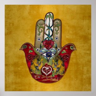 Poster Ruby Pomegranate Heart Red Bird Hamsa