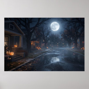 Poster Rue de banlieue liminaire la nuit d'Halloween