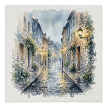 Rue européenne en pavés de galets à jour de pluie