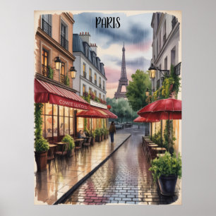 Poster Rue romantique de Paris Tour Eiffel Aquarelle