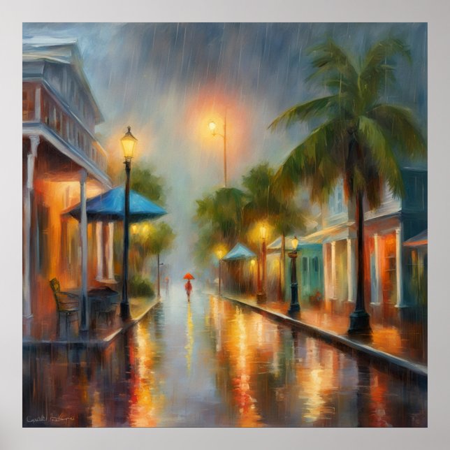 Poster Rue tropicale Rainy avec dame et parapluie rouge (Devant)