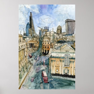 Poster Rue vintage de Londres d'aquarelle des