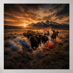 Poster Ruée de buffles de l'Ouest au coucher du soleil