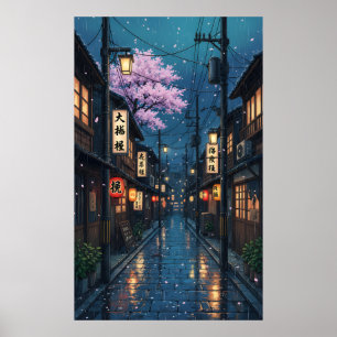 Poster Ruelle japonaise nuit pluvieuse anime cozy fleuris