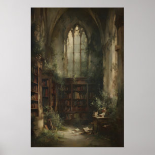 Poster Ruines de bibliothèque envahies de livres et de li