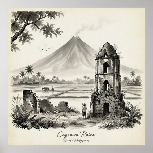 Poster Ruines de Cagsawa & Volcan Mayon Philippines (Devant)