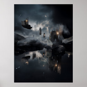 Poster Ruines gothiques flottantes Miroir cosmique Nuit