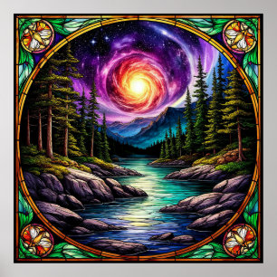 Poster Ruisseau de forêt sous ciel nocturne cosmique