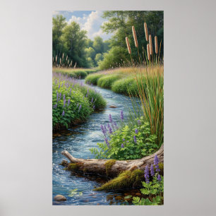 Poster Ruisseau forestier avec lupins violets
