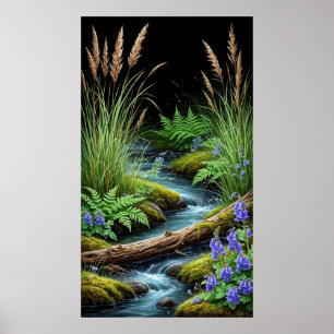 Poster Ruisseau tranquille de la forêt avec des fleurs sa
