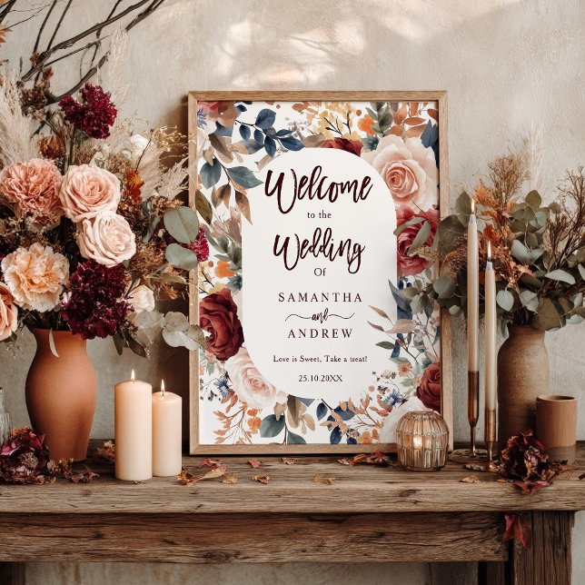 Poster Russe Bourgogne Automne Floral Boho Mariage Bienve (Rustic Burgundy Fall Floral Boho Wedding Welcome Poster)